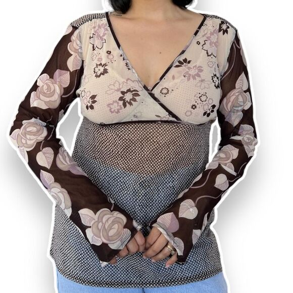 Whimsygoth Y2K Mesh Wrap Top with Floral Sleeves - Picture 4 of 6